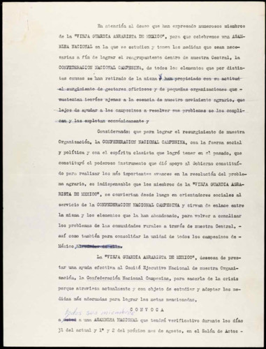 Vida personal del general Lázaro Cárdenas: Convocatoria a una asamblea nacional.