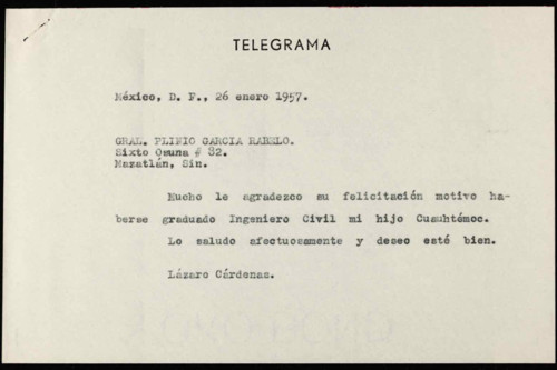 Vida personal del general Lázaro Cárdenas: Felicitación de por examen profesional de Cuauhtémoc Cárdenas S. VIII