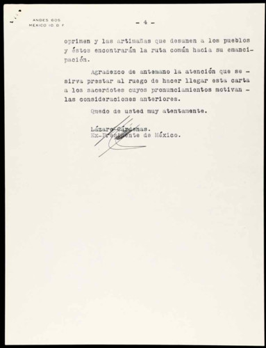 Vida personal del general Lázaro Cárdenas: Felicitación por manifiesto a sacerdotes peruanos