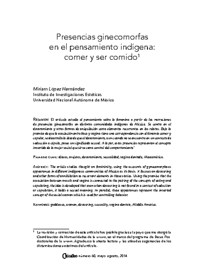 Presencias ginecomorfas en el pensamiento indígena: comer y ser comido