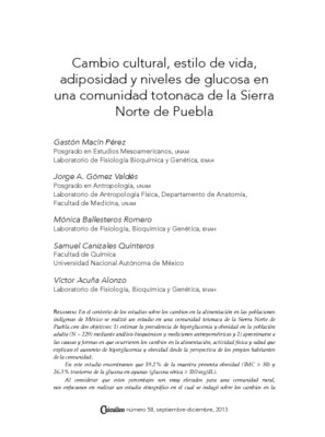 Cambio cultural, estilo de vida, adiposidad y niveles de glucosa en una comunidad totonaca de la Sierra Norte de Puebla
