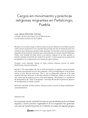 Cargos en movimiento y prácticas religiosas migrantes en Petlalcingo, Puebla