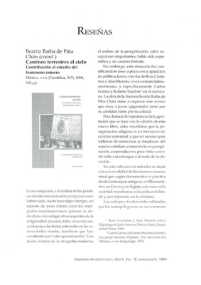 Beatriz Barba de Piña Chán (coord.), Caminos terrestres al cielo. Contribución al estudio del fenómeno romero, México, INAH (Científica 347), 1998, 182 pp.