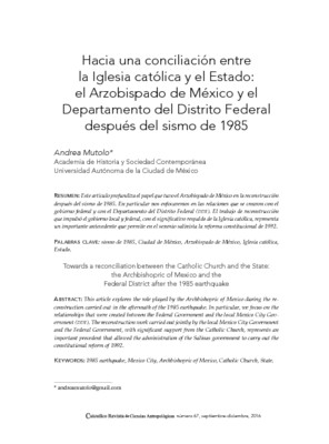 Hacia una conciliación entre la Iglesia católica y el Estado: el Arzobispado de México y el Departamento del Distrito Federal después del Sismo de 1985