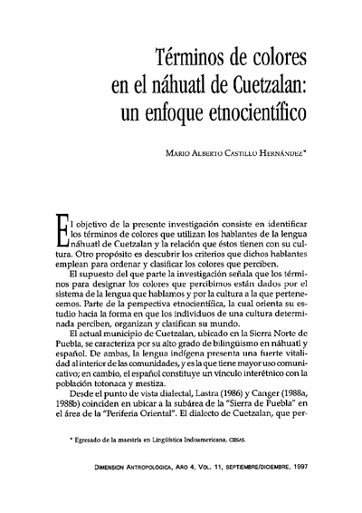 Términos de colores en el náhuatl de Cuetzalan: un enfoque etnocientífico