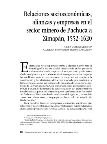 Relaciones socioeconómicas, alianzas y empresas en el sector minero de Pachuca a Zimapán, 1552-1620 