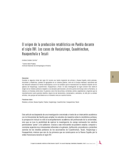 El origen de la producción retablística en Puebla durante el siglo XVI. Los casos de Huejotzingo, Cuauhtinchan, Huaquechula y Tecali