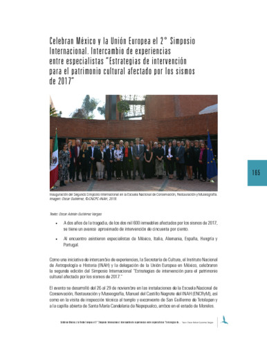 Celebran México y la Unión Europea el 2° Simposio Internacional. Intercambio de experiencias entre especialistas “Estrategias de intervención para el patrimonio cultural afectado por los sismos de 2017”