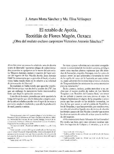 El retablo de Ayotla, Teotitlán de Flores Magón, Oaxaca ¿Obra del mulato esclavo carpintero Victorino Antonio Sánchez?