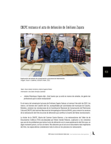 CNCPC restaura el acta de defunción de Emiliano Zapata