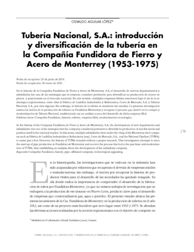 Tubería Nacional, S.A.: introducción y diversificación de la tubería en la Compañía Fundidora de Fierro y Acero de Monterrey (1953-1975)