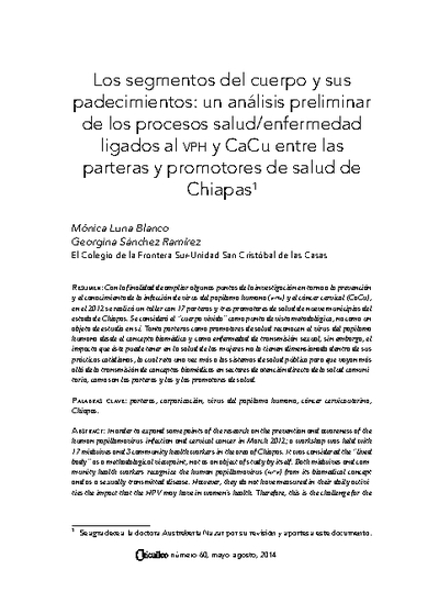 Los segmentos del cuerpo y sus padecimientos: un análisis preliminar de los procesos salud/enfermedad ligados al vph y CaCu entre las parteras y promotores de salud de Chiapas