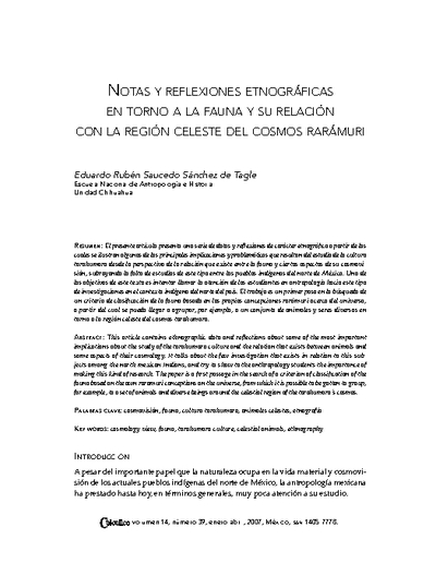 Notas y reflexiones etnográficas en torno a la fauna y su relación con la región celeste del cosmos rarámuri