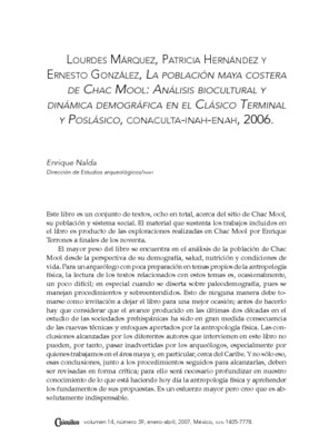 La población maya costera de Chac Mool: Análisis biocultural y dinámica demográfica en el Clásico Terminal y Posclásico