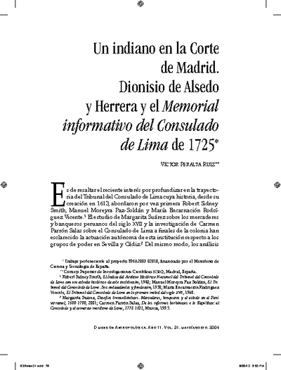 Un indiano en la Corte de Madrid. Dionisio de Alsedo y Herrera y el Memorial informativo del Consulado de Lima de 1725