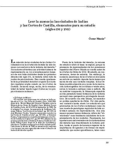 Leer la ausencia: las ciudades de Indias y las Cortes de Castilla, elementos para su estudio (siglos XVI y XVII)