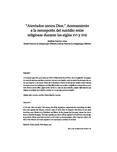 “Atentados contra Dios”. Acercamiento a la concepción del suicidio entre religiosas durante el siglo XVI y XVII.