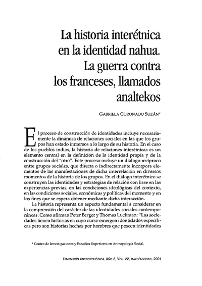 La historia interétnica  en la identidad nahua. La guerra contra  los franceses, llamados analtekos
