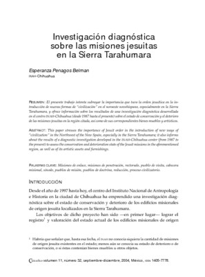 Investigación diagnóstica sobre las misiones jesuitas en la Sierra Tarahumara