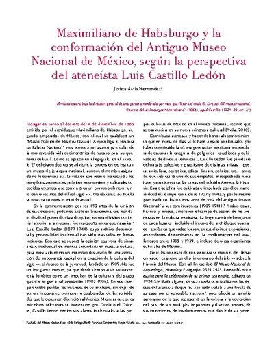 Maximiliano de Habsburgo y la conformación del Antiguo Museo Nacional de México, según la perspectiva del ateneísta Luis Castillo Ledón