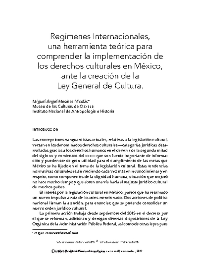 Regímenes internacionales, una herramienta teórica para comprender la implementación de los derechos culturales en México, ante la creación de la Ley General de Cultura