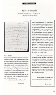 Adiós a la fotografía. Correspondencia de Tina Modotti a Manuel Álvarez Bravo