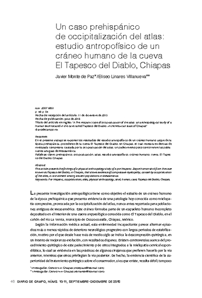 Un caso prehispánico de occipitalización del atlas: estudio antropofísico de un cráneo humano de la cueva El Tepesco del Diablo, Chiapas