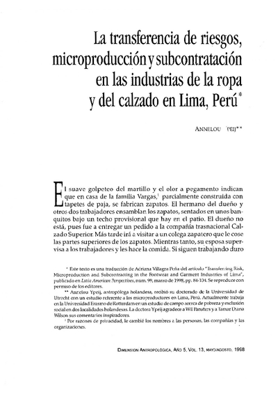 La transferencia de riesgos,  microproducción y la subcontratación en las industrias de la ropa y del calzado en Lima, Perú