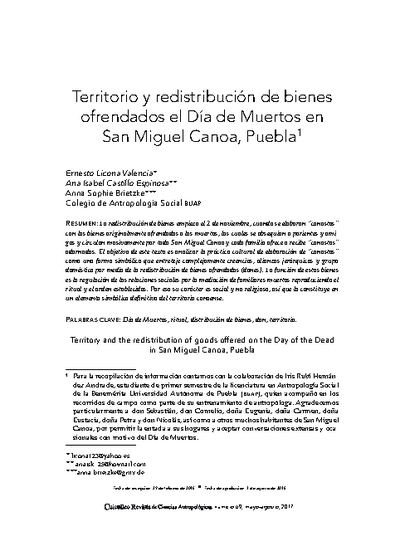 Territorio y redistribución de bienes ofrendados el Día de Muertos en San Miguel Canoa, Puebla