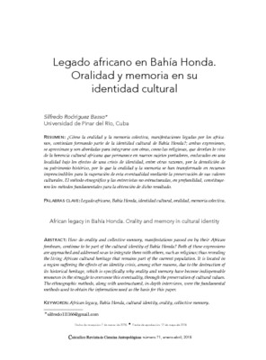 Legado africano en Bahía Honda. Oralidad y memoria en su identidad cultural