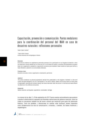 Capacitación, prevención y comunicación. Puntos medulares para la coordinación del personal del INAH en caso de desastres naturales: reflexiones personales