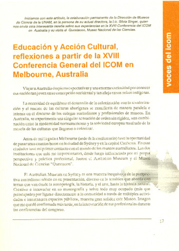 Educación y Acción Cultural, reflexiones a partir de la XVIII Conferencia General del ICOM en Melbourne, Australia