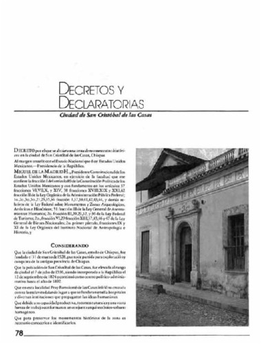 Decretos y declaratorias. Ciudad de San Cristóbal de las Casas