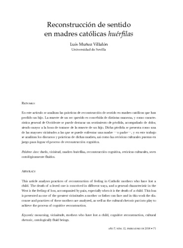 Reconstrucción de sentido en madres católicas huérfilas