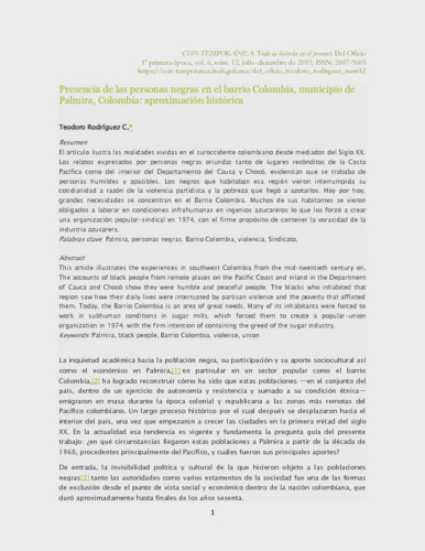 Presencia de las personas negras en el barrio Colombia, municipio de Palmira, Colombia: aproximación histórica