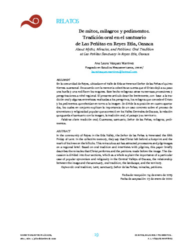 De mitos, milagros y pedimentos. Tradición oral en el santuario de Las Peñitas en Reyes Etla, Oaxaca