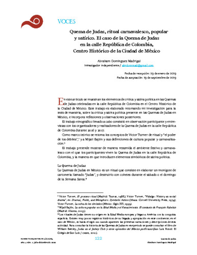 Quema de Judas, ritual carnavalesco, popular y satírico. El caso de la Quema de Judas en la calle República de Colombia, Centro Histórico de la Ciudad de México