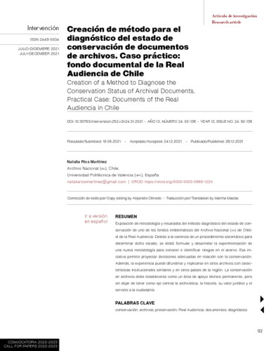 Creación de método para el diagnóstico del estado de conservación de documentos de archivos. Caso práctico: fondo documental de la Real Audiencia de Chile