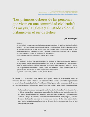 “Los primeros deberes de las personas que viven en una comunidad civilizada”: los mayas, la Iglesia y el Estado colonial británico en el sur de Belice