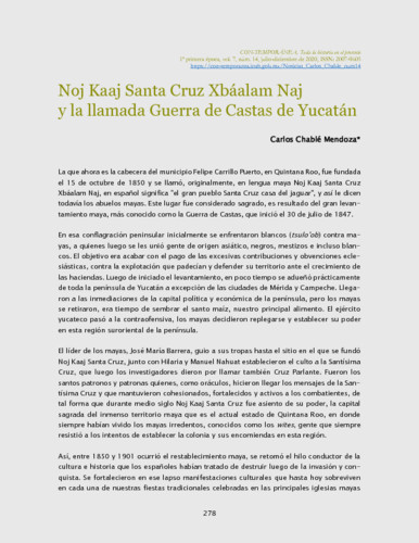 Noj Kaaj Santa Cruz Xbáalam Naj y la llamada Guerra de Castas de Yucatán