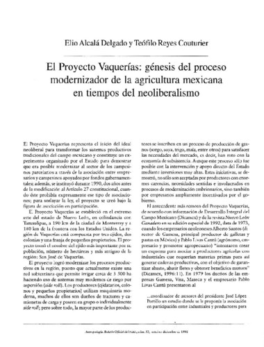 El Proyecto Vaquerías: génesis del proceso modernizador de la agricultura mexicana en tiempos del neoliberalismo