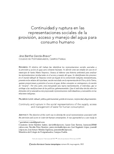 Continuidad y ruptura en las representaciones sociales de la provisión, acceso y manejo del agua para consumo humano