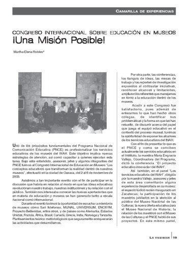 Camarilla de experiencias. Congreso Internacional sobre Educación en Museos. ¡Una Misión Posible!