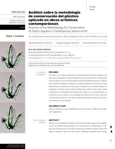 Análisis sobre la metodología de conservación del plástico aplicado en obras artísticas contemporáneas