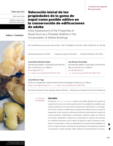 Valoración inicial de las propiedades de la goma de nopal como posible aditivo en la conservación de edificaciones de adobe