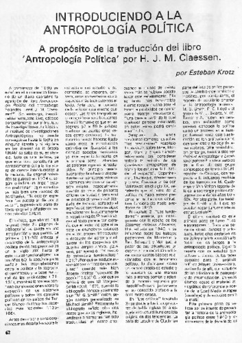 Introducción a la Antropología política. A propósito de la traducción del libro 'Antropología Política' por H. J. M. Claessen