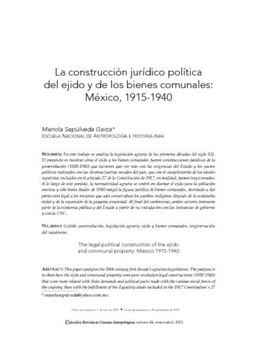 La construcción jurídico política del ejido y de los bienes comunales: México, 1915-1940