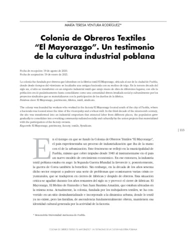Colonia de Obreros Textiles “El Mayorazgo”. Un testimonio de la cultura industrial poblana