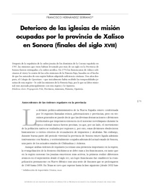 Deterioro de las iglesias de misión ocupadas por la provincia de Xalisco en Sonora (finales del siglo XVIII)