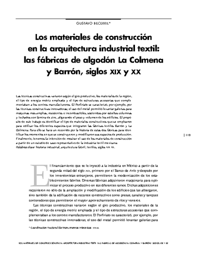 Los materiales de construcción en la arquitectura industrial textil: las fábricas de algodón La Colmena y Barrón, siglos XIX y XX
